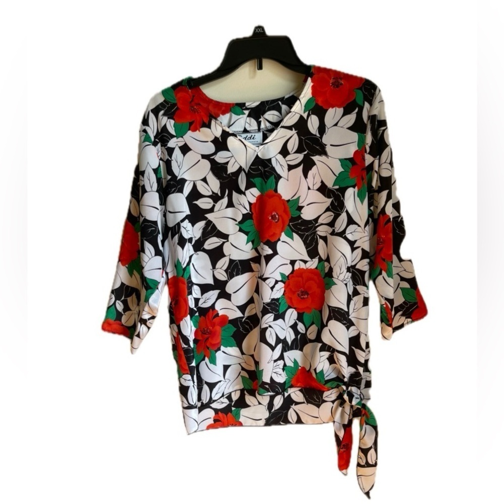 Teddi Of California Vintage Black, White and Red Floral Blouse V-neck Size 12
